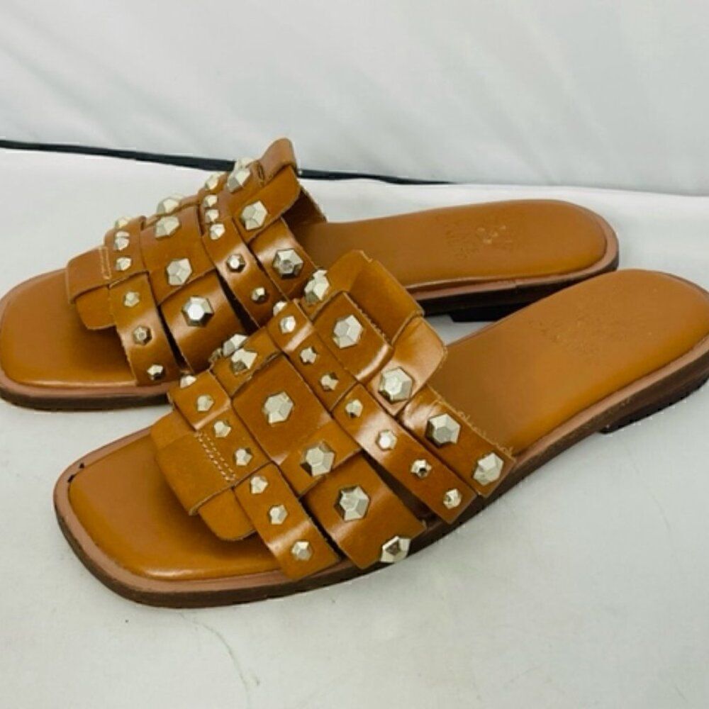 Vince Camuto Neverna Studded Slide Sandals Womens 6.5 M Brown Leather Slip-On Ve